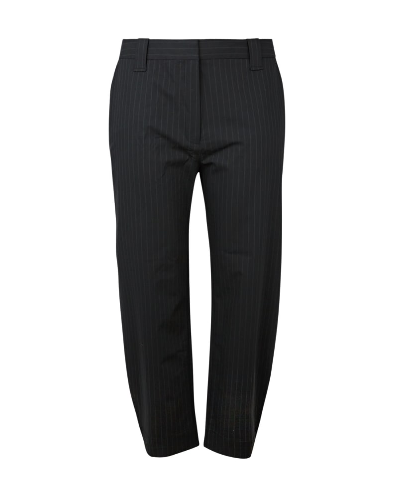 Front of a size 12 Stretch Stripe Mid Waist Pants in Black by GANNI. | dia_product_style_image_id:296095